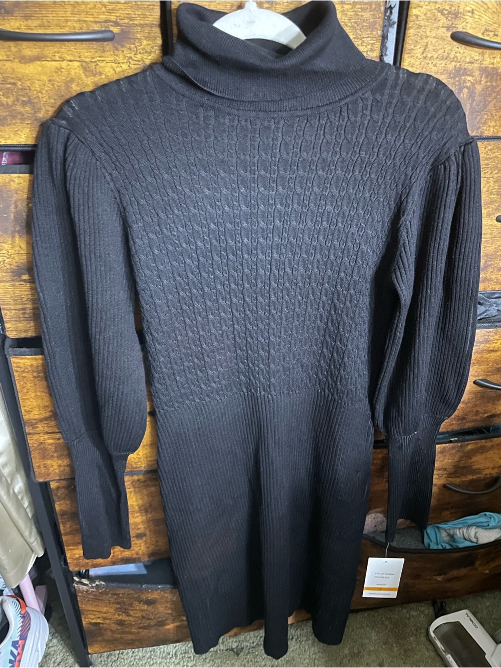 Maison Tara Black Cable-Knit Turtleneck Sweater Dress with Puff Sleeves